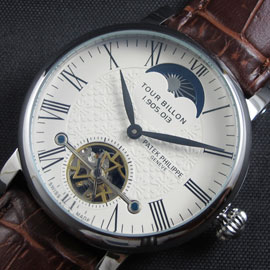 防水腕時計 PATEK PHILIPPE コピー時計 トゥールビヨン ムーンフェイズ  Asian 21600振動 ホワイトエンボス文字盤